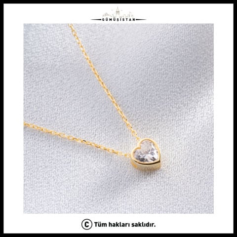 925 Ayar Gümüş Tektaşlı Kalp Kolye