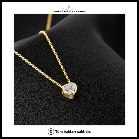 925 Ayar Gümüş Tektaşlı Kalp Kolye