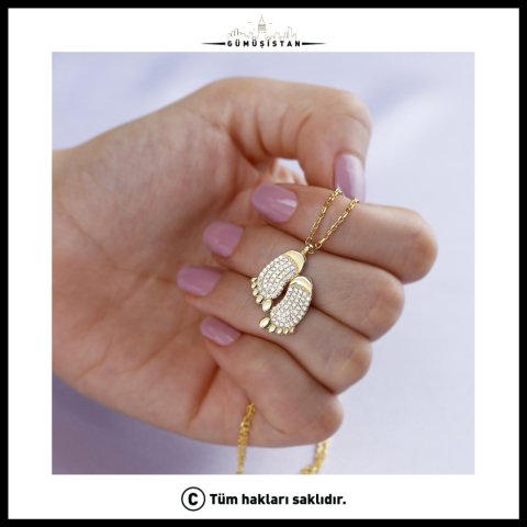 Bebek Ayak İzi Kolyesi – Zirkon Taşlı Anne ve Bebek Kolyesi | Bebek Hediyesi