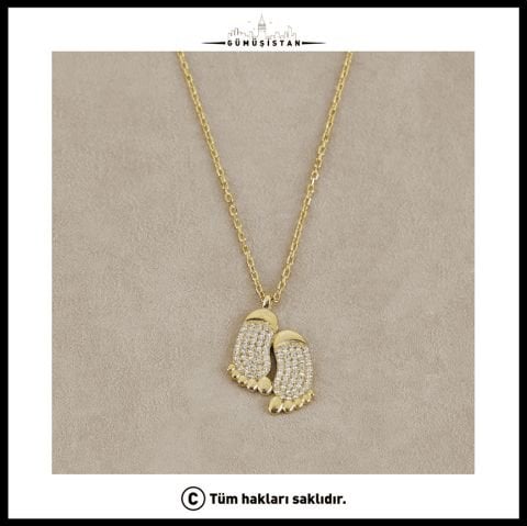 Bebek Ayak İzi Kolyesi – Zirkon Taşlı Anne ve Bebek Kolyesi | Bebek Hediyesi