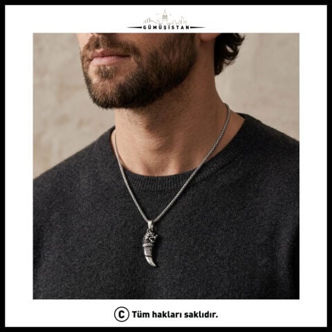 Ejderha Başlı Diş Figürlü Çelik Erkek Kolye – Viking Gotik Tasarım