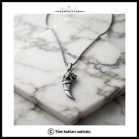 Ejderha Başlı Diş Figürlü Çelik Erkek Kolye – Viking Gotik Tasarım