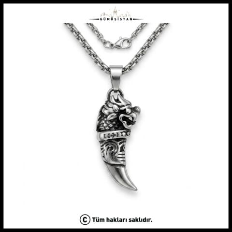 Ejderha Başlı Diş Figürlü Çelik Erkek Kolye – Viking Gotik Tasarım