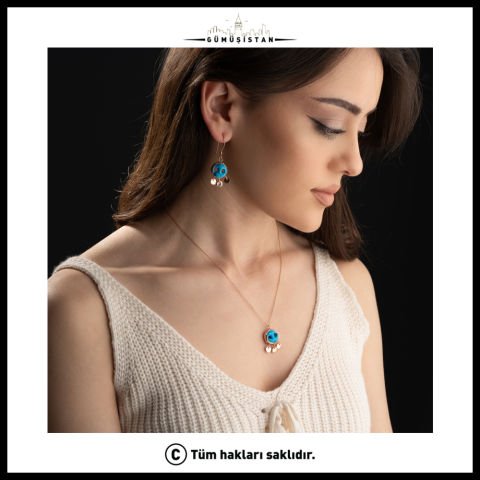 925 Ayar Gümüş Süryani Nazar Kolye Küpe Seti