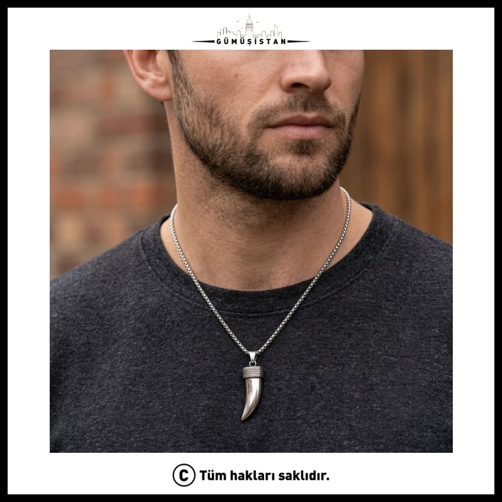 Wolf Dişi Figured Steel Men's Necklace Viking Stil Diş Necklace