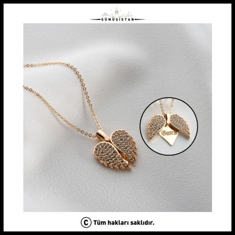Kişiye Özel İsimli Melek Kanadı Kolye – Taşlı Açılır Kalp Kolye