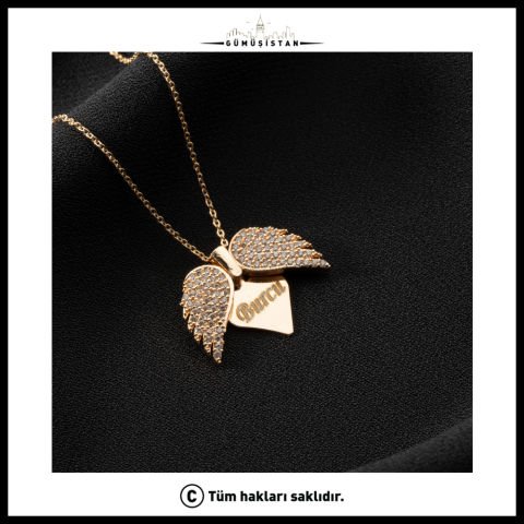 Kişiye Özel İsimli Melek Kanadı Kolye – Taşlı Açılır Kalp Kolye