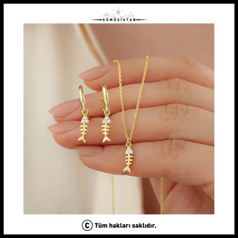 Balık Kılçığı Kolye Küpe Seti – Zirkon Taşlı 925 Ayar Gümüş Takı Seti