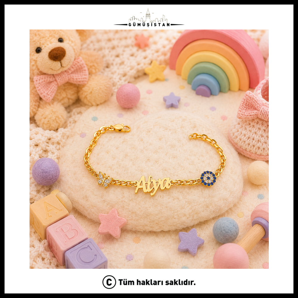 Personalized Kids' Bracelet 925 K Silver Evil Eyelu & Butterfly Figured Bracelet