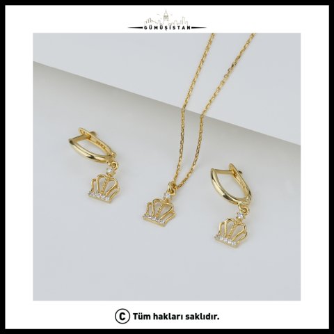 925 Ayar Gümüş Taçlı Kolye Küpe Takı Seti