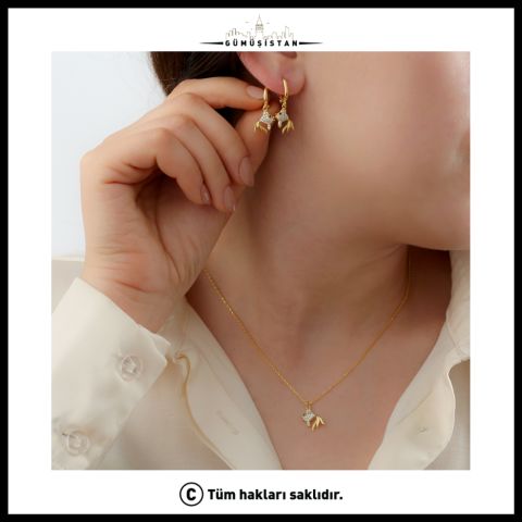 925 Ayar Gümüş Balık Kolye ve Küpe Seti – Zirkon Taşlı Gold Takı Seti
