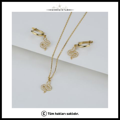 925 Ayar Gümüş Yılan Kolye ve Küpe Seti – Zirkon Taşlı Yılan Takı Seti