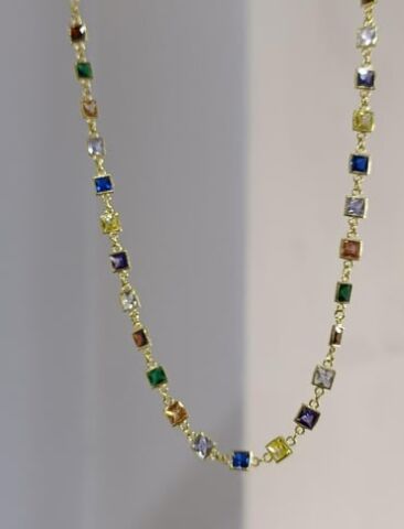 Renkli Kare Taşlı Zincir Kolye - 925 Ayar Gümüş