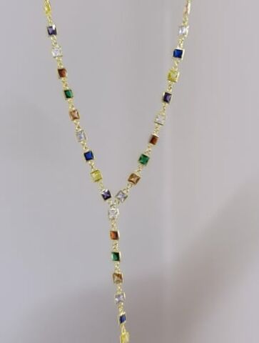 Renkli Kare Taşlı Y Zincir Kolye - 925 Ayar Gümüş