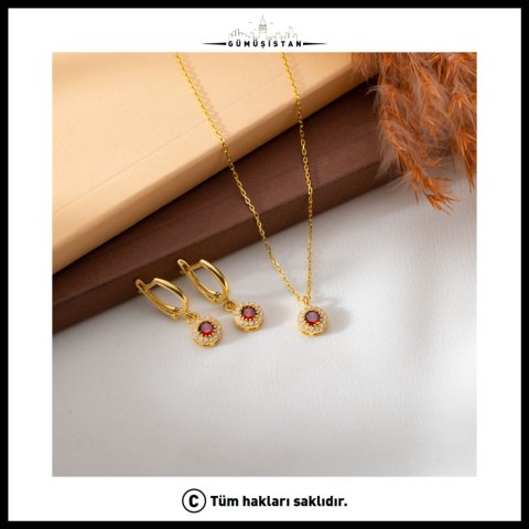 925 Ayar Gümüş Kırmızı Taşlı Kolye-Küpe Takı Seti