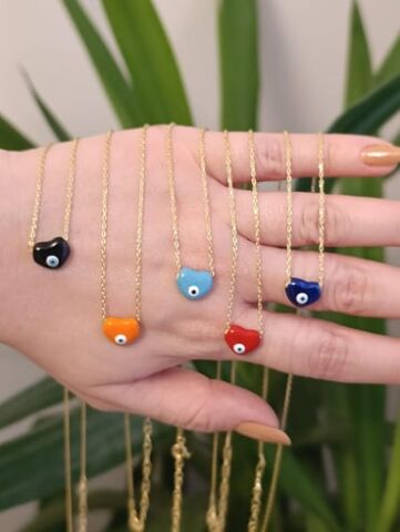 Renkli Kalpli Nazar Boncuklu Kolye - 925 Ayar Gümüş