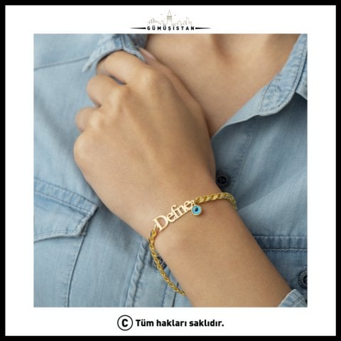 Kişiye Özel İsimli Nazar Boncuklu Bileklik – Kalın Zincir Gold İsim Bilekliği