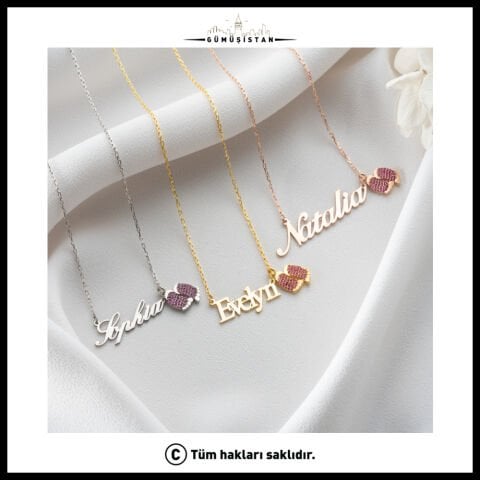 925 Ayar Gümüş Pembe Ayaklı İsim Kolye