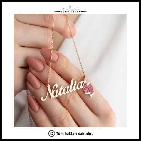 925 Ayar Gümüş Pembe Ayaklı İsim Kolye