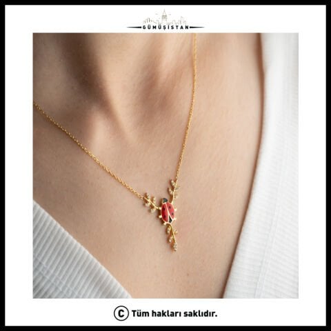 Uğur Böceği ve Zirkon Taşlı Dal Kolye – 925 Ayar Gümüş Kadın Kolye