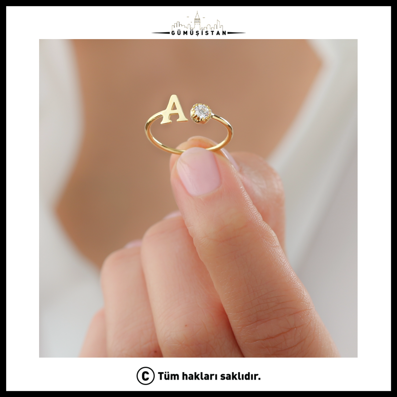 Personalized Initial Solitaire Ring Baş Letter & Stone Detailed Minimal Women's Ring