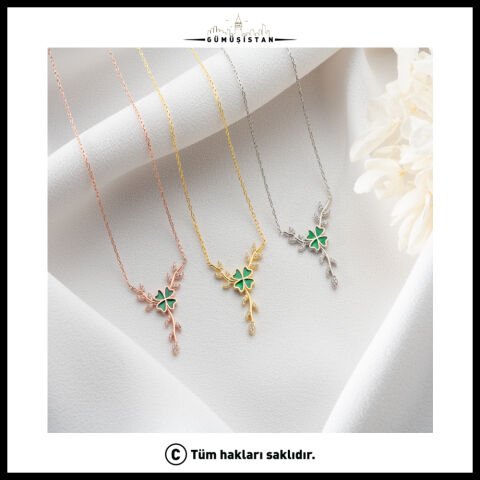 Yeşil Yonca ve Zirkon Taşlı Dal Kolye – 925 Ayar Gümüş Şans Kolyesi