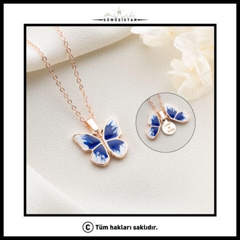 Kişiye Özel İsimli Kanatları Açılabilen Mavi Renkli Kelebek Kolye