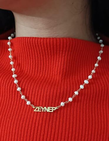 İncili Zincirli İsim Kolye - 925 Ayar Gümüş