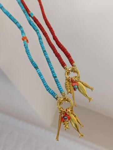 Doğal Taşlı Çoklu Balık Charm Kolye - 925 Ayar Gümüş