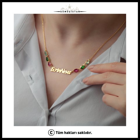 925 Ayar Gümüş İsimli Renkli Taş Kolye