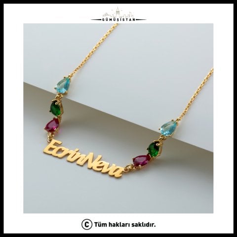 925 Ayar Gümüş Kişiye Özel Renkli Taşlı İsim Kolye – Özel Tasarım Kadın Kolyesi