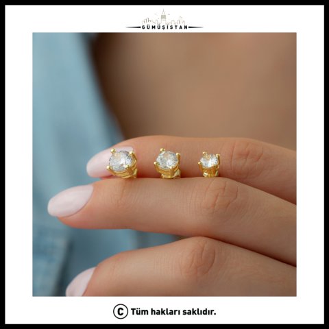 925 Ayar Gümüş Üç Boy Üçlü Tektaş Küpe ( Altın Kaplama )
