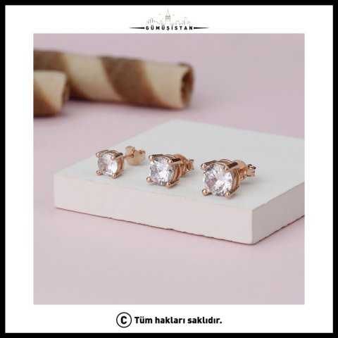 925 Ayar Gümüş Üç Boy Üçlü Tektaş Küpe ( Rose Gold )