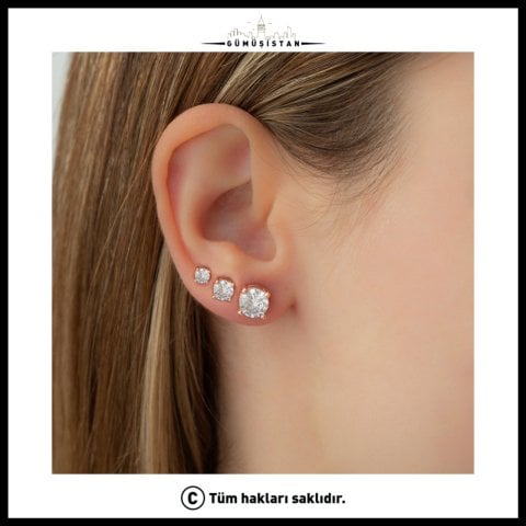 925 Ayar Gümüş Üç Boy Üçlü Tektaş Küpe ( Rose Gold )