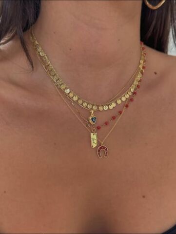 Yarısı Kırmızı Doğal Taşlı Plaka Kolye - 925 Ayar Kolye