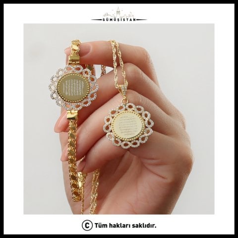 925 Ayar Gümüş Ayetel Kürsi Yazılı Kolye Bileklik Set