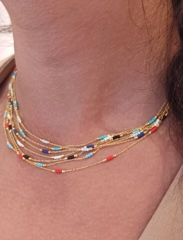 Renkli Boncuklu Zincir Kolye - 925 Ayar Gümüş