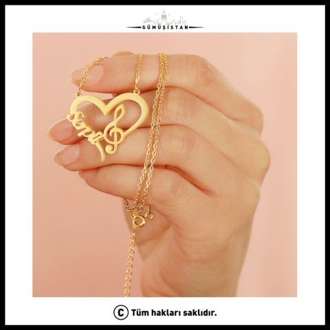 Kişiye Özel İsimli Sol Anahtarı Kalp Kolye – Müzik ve Nota Temalı Kolye