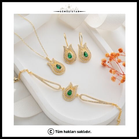 925 Ayar Gümüş Lale Desenli Kolye-Küpe ve Bileklik Set