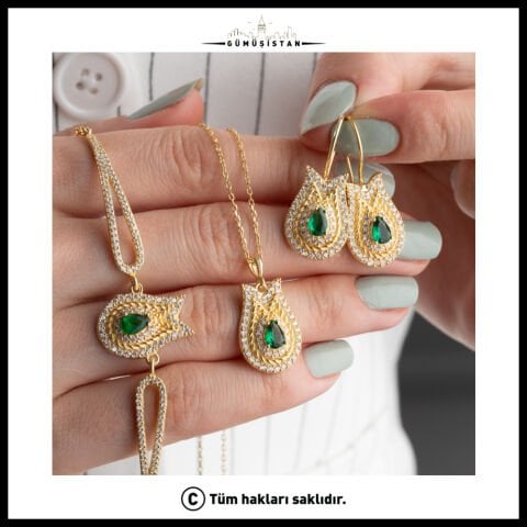 925 Ayar Gümüş Lale Desenli Kolye-Küpe ve Bileklik Set