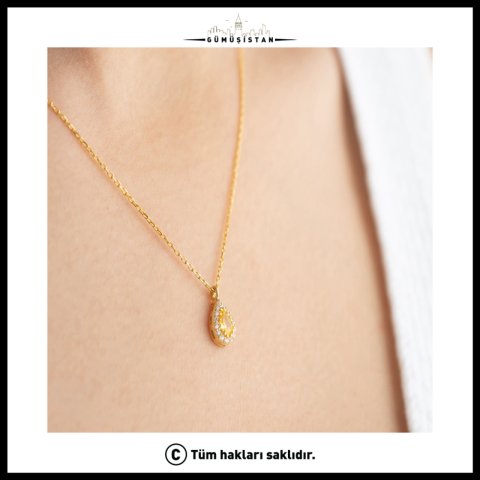 925 Ayar Gümüş Kasım Ayı Doğum Taşı ( Citrine ) Kolye - Küpe Seti