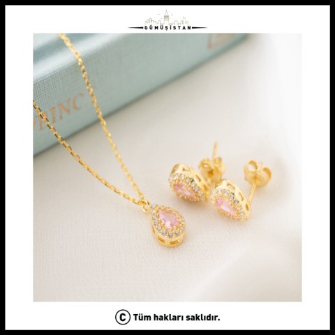 Ekim Ayı Doğum Taşı Takı Seti – 925 Ayar Gümüş Pembe Turmalin Rengi Kolye ve Küpe