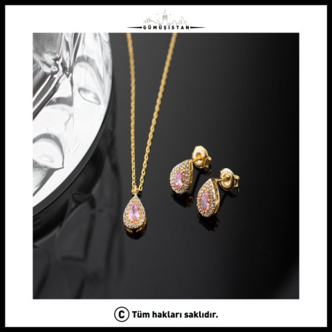 925 Ayar Gümüş Ekim Ayı Doğum Taşı ( Pink Tourmaline ) Kolye - Küpe Seti