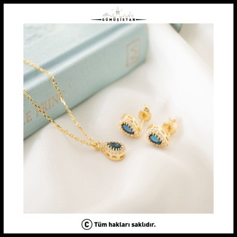 925 Ayar Gümüş Eylül Ayı Doğum Taşı ( Sapphire ) Kolye - Küpe Seti