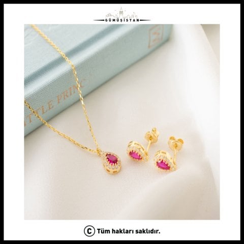 925 Ayar Gümüş Temmuz Ayı Doğum Taşı ( Ruby ) Kolye - Küpe Seti