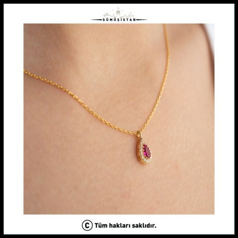 925 Ayar Gümüş Temmuz Ayı Doğum Taşı ( Ruby ) Kolye - Küpe Seti