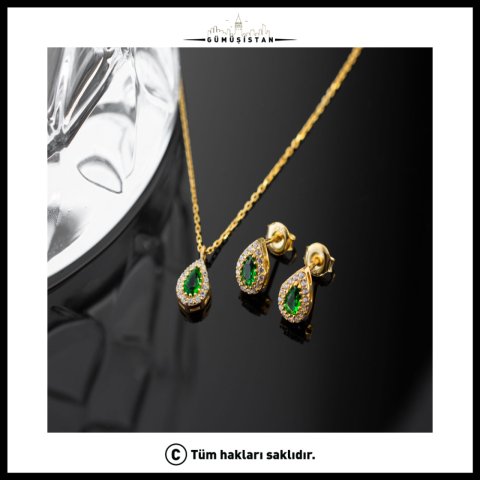 925 Ayar Gümüş Mayıs Ayı Doğum Taşı ( Emerald ) Kolye - Küpe Seti