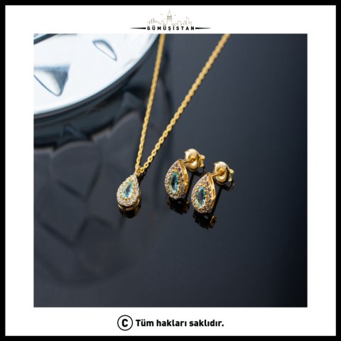 925 Ayar Gümüş Nisan Ayı Doğum Taşı ( Diamond ) Kolye - Küpe Seti