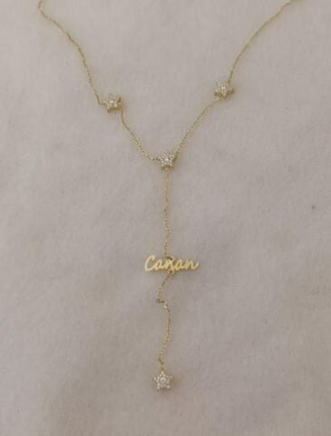 Taşlı Yıldız Figürlü Y Yatay İsim Kolye - 925 Ayar Gümüş