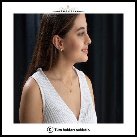 925 Ayar Gümüş Mart Ayı Doğum Taşı ( Aquamarine ) Kolye - Küpe Seti